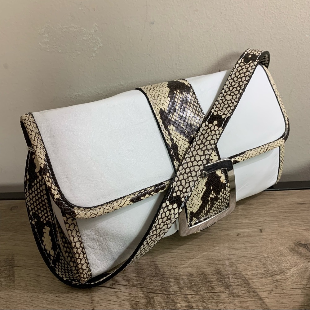 White Shoulder Clutch with Snake-Print Trim
